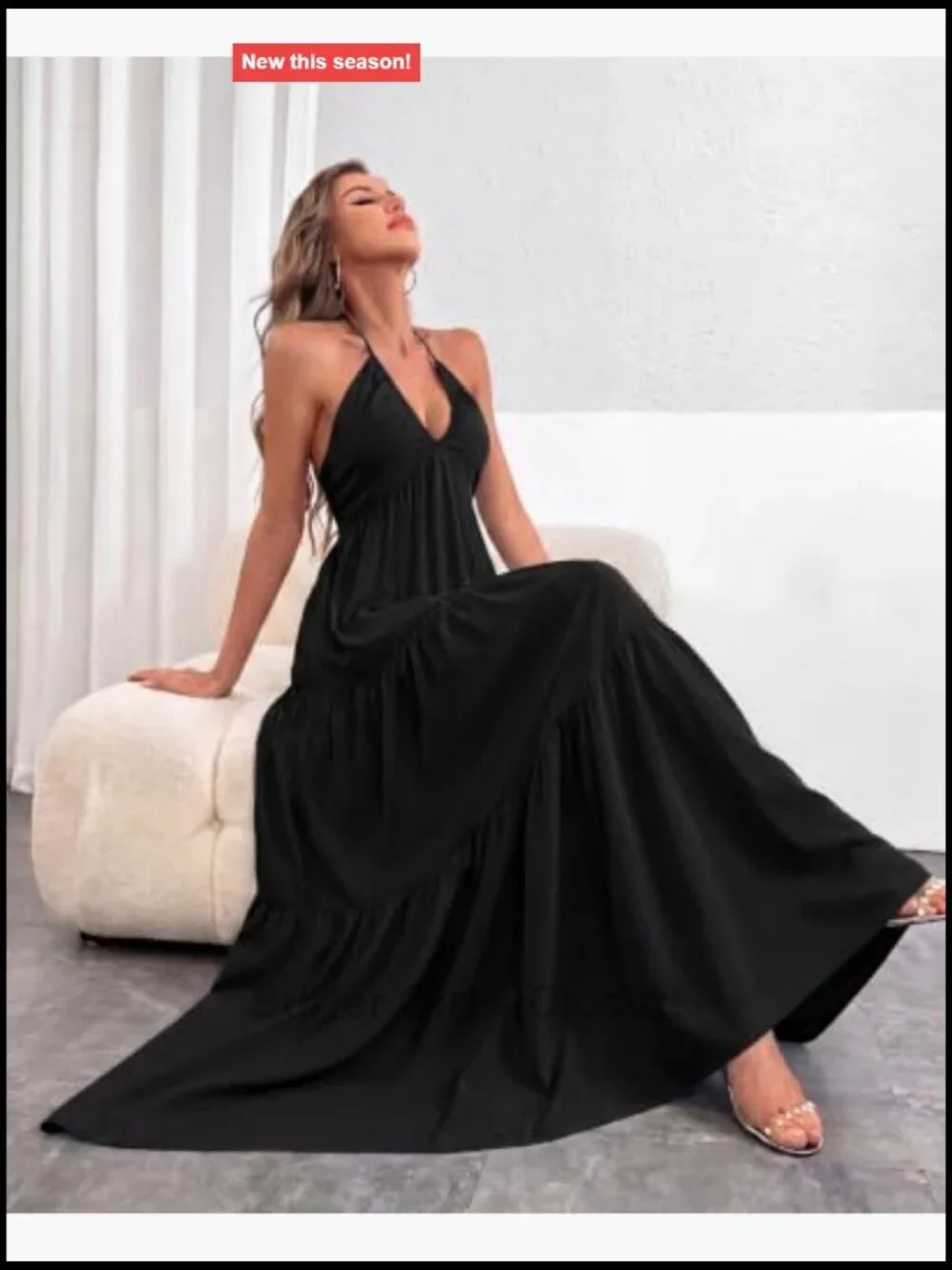 Flowy Maxi Sundress Halter V Neck Sleeveless A-Line Boho Bow Tie Backless